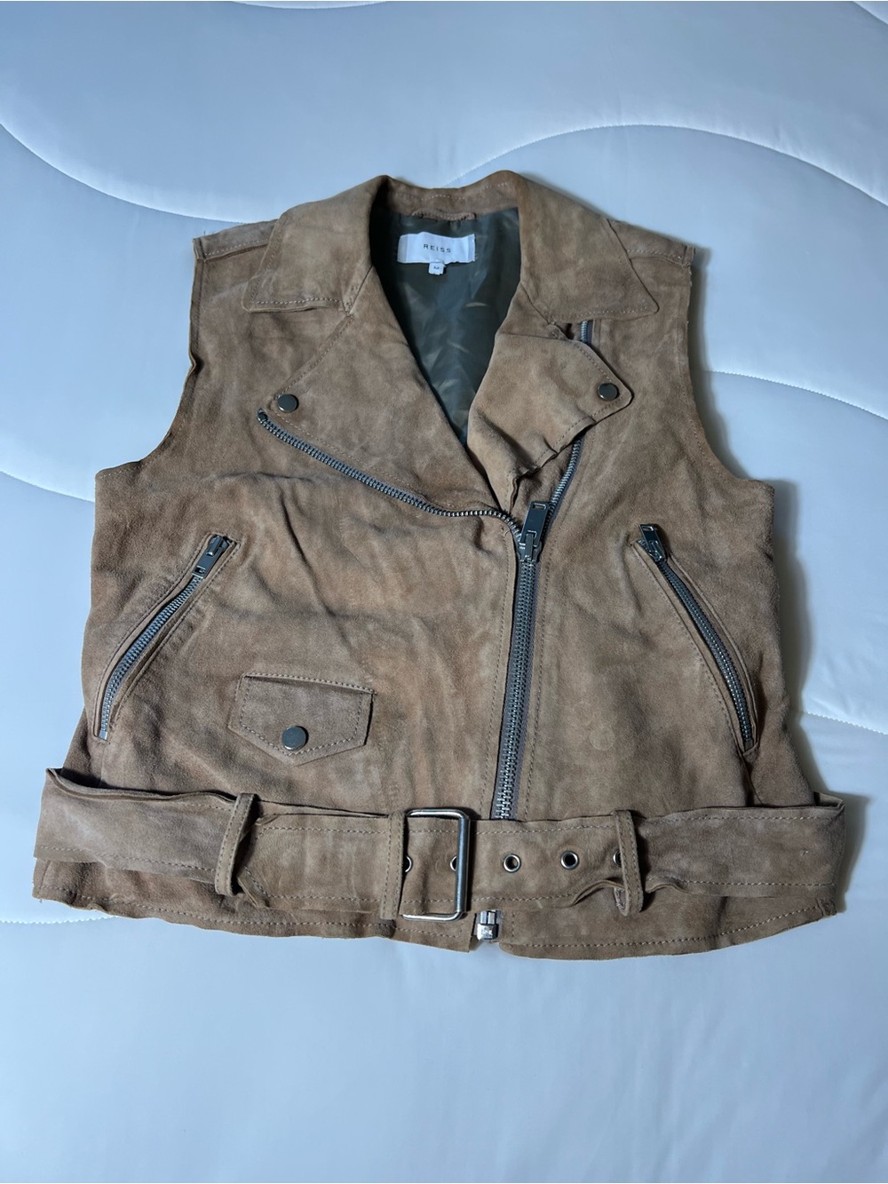 Suede Moto Vest with Belt - Tan/Taupe